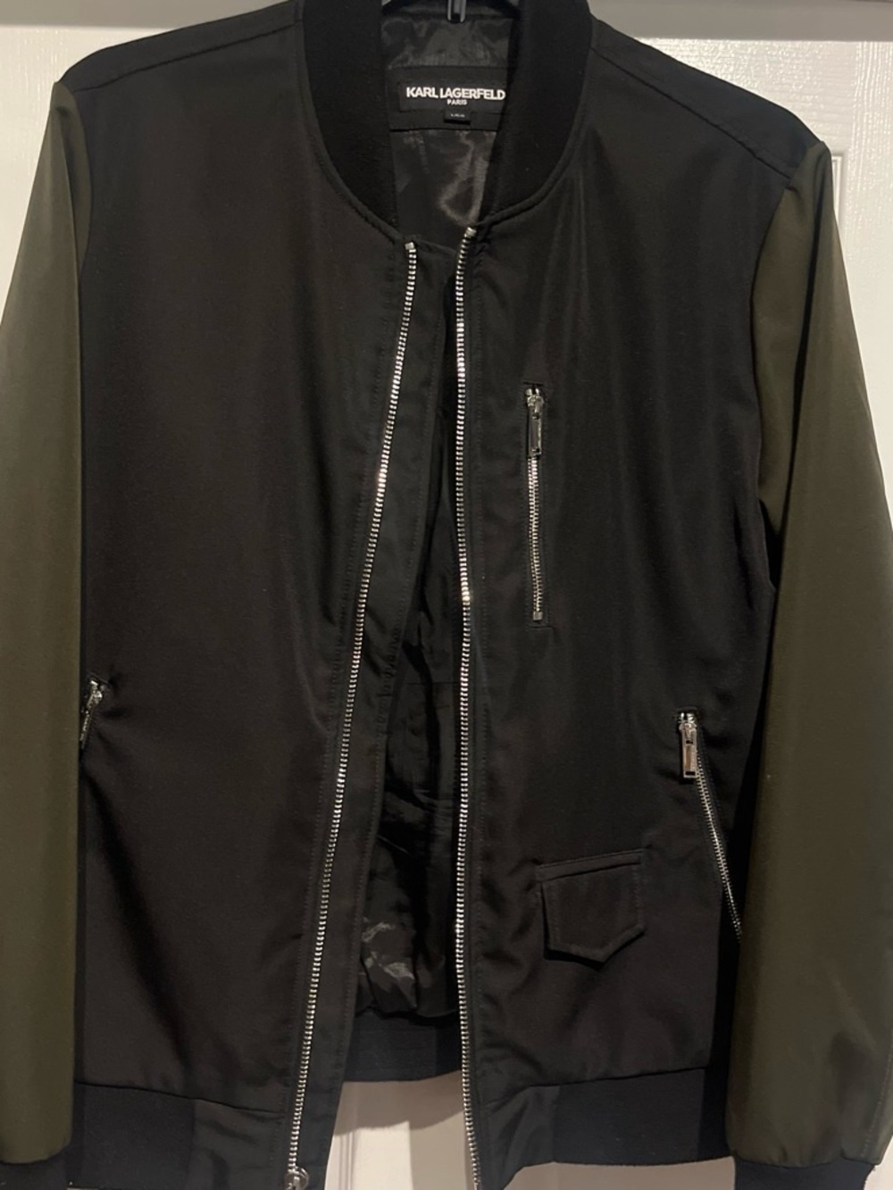 Karl Lagerfeld Black Jacket with Olive Sleeves - Bomber Style